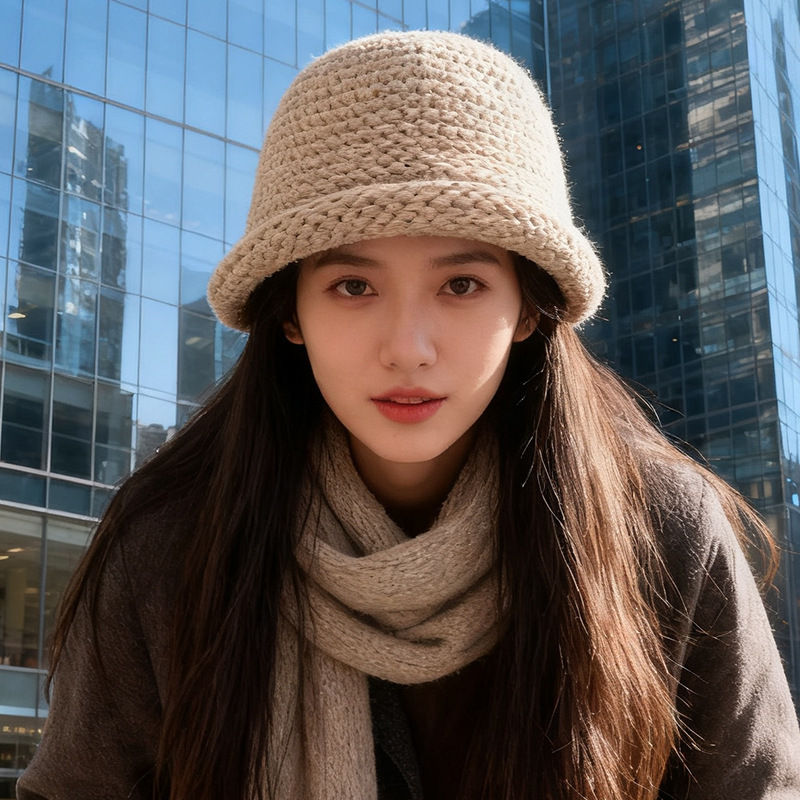 秋冬日系加厚毛线渔夫帽子女卷边盆帽纯色百搭保暖显脸小针织帽男|undefined