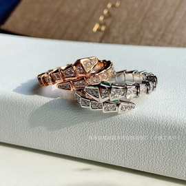 v金弹簧蛇形戒指银純銀灵蛇戒蛇骨蛇年素圈情侣对戒18k金开口戒子