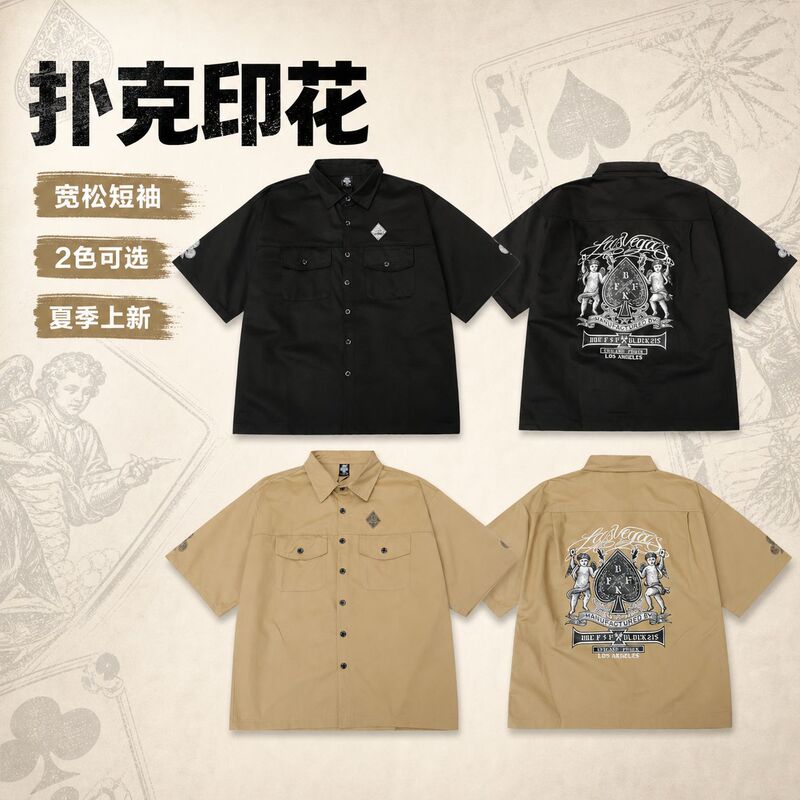 American West Coast Gangster Chicano Style Poker Print Short-Sleeved Men's Work Shirt