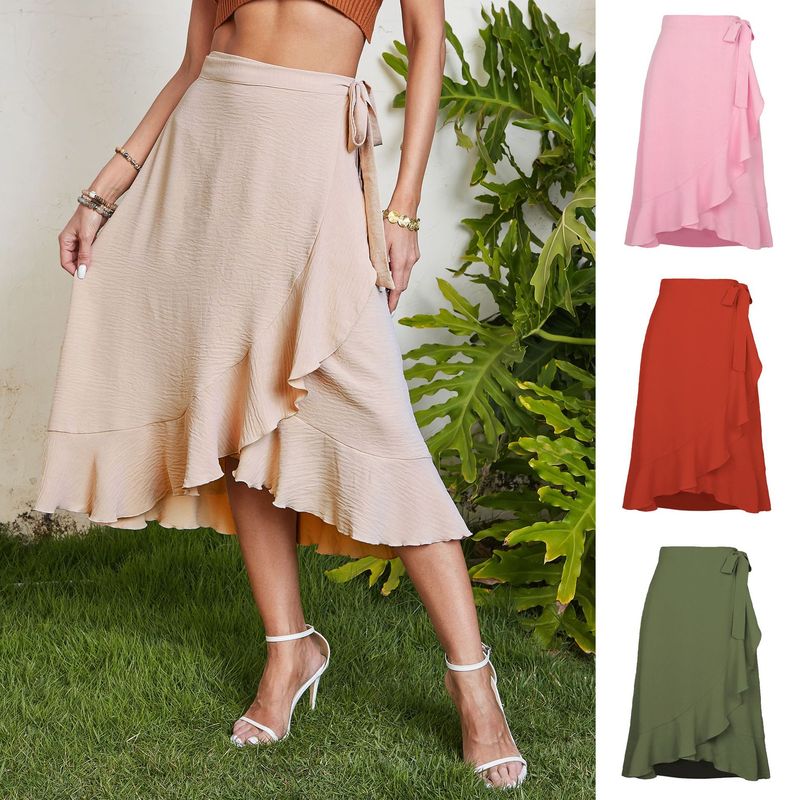 Amazon 2023 Summer One-Piece Lace-Up Long Skirt Irregular European and American Solid Color Midi Skirt Women's Chiffon Skirt