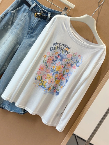 White flower printed long-sleeved T-shirt for women's summer loose all-matching round neck casual lazy sun-proof blouse top