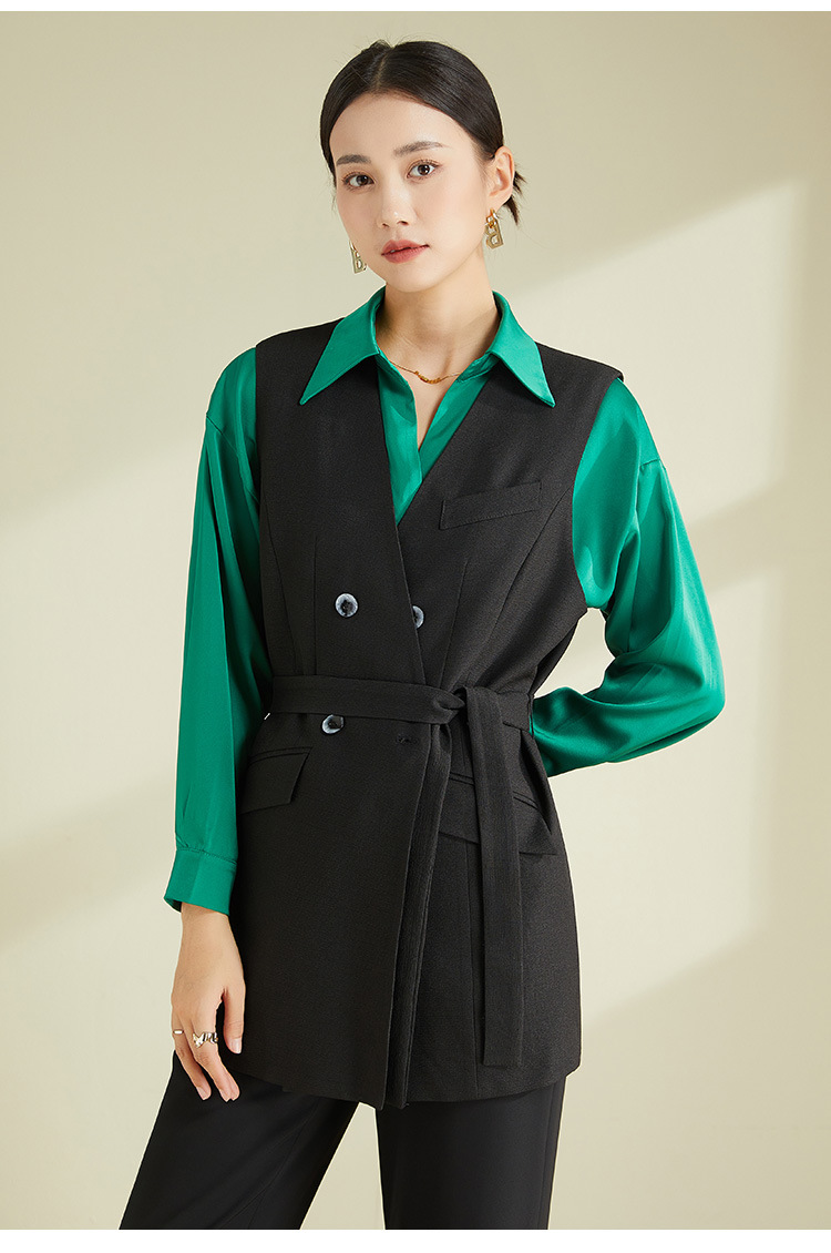 Áo vest gile nữ kiểu Pháp dáng rộng không tay — Màu đen (không bao gồm cổ áo) chi tiết 4
