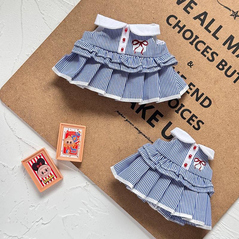 Excluding the Doll】Labubu Sitting Party Series 1, 2, and 3 Nyota Pendant Doll Dress Little Bear Hanging Neck Blue Striped Dress