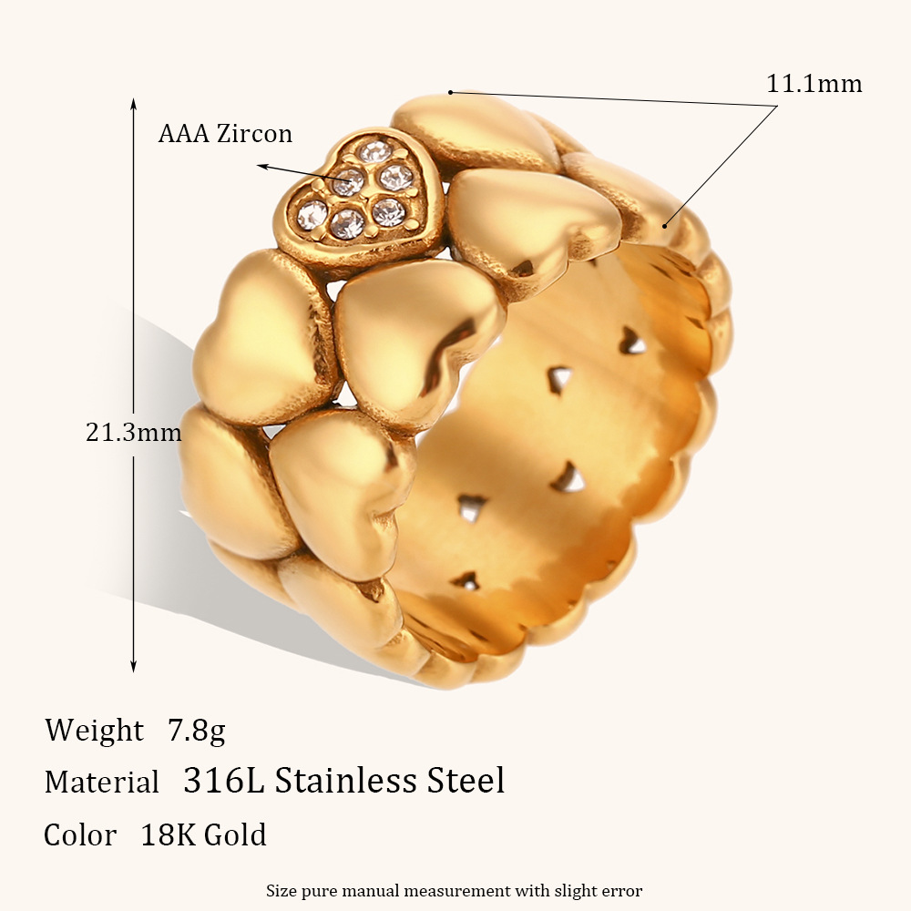 Süße Einfache Art Herzform Edelstahl-überlagerung Zirkon 18k Vergoldete Damen Ringe display picture 2