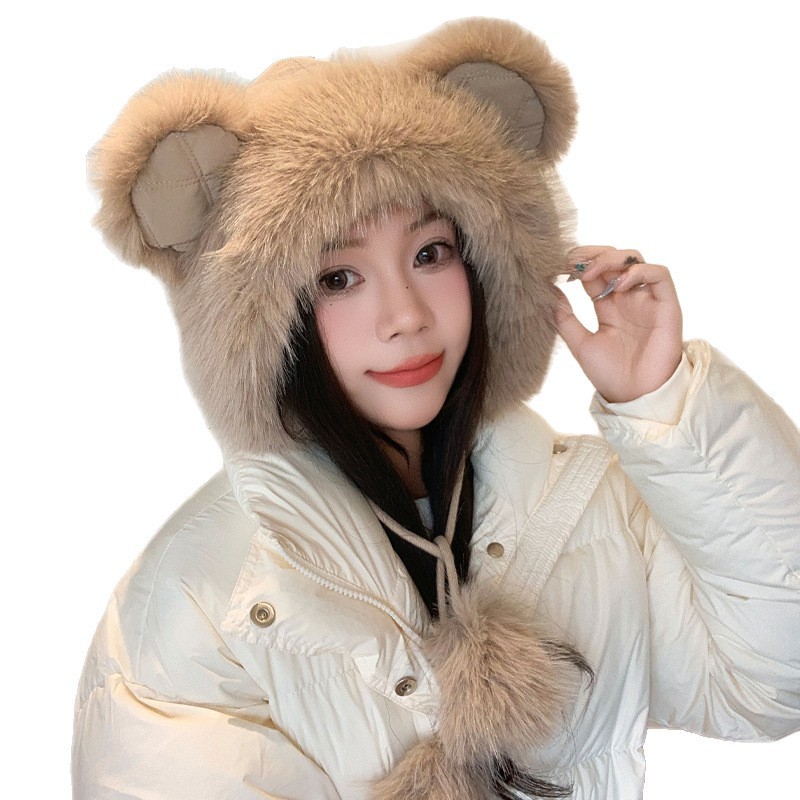 冬季帽子女毛绒护耳保暖帽东北加绒加厚防寒帽可爱小熊耳朵雷锋帽|undefined