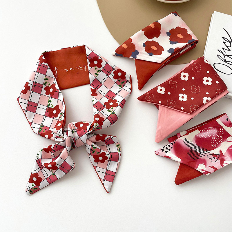 Atmósfera serie roja larga pequeña bufanda de seda para mujer bolsa de corbata de pelo pequeña flor decorativa bufanda cinta de pelo banda regalo