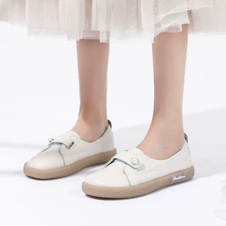 香港真皮浅口小白鞋女2025新款夏季软底板鞋魔术贴一脚蹬平底单鞋