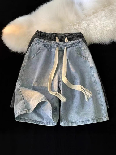American light blue denim shorts, men's summer thin large size casual mid-length pants, straight loose fashion brand quarter pants