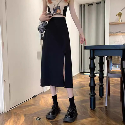 Women's Spring and Summer High-Waisted Skirt with Slits, A-Line and Buttock-Covering, Suitable for Petite Figures, Versatile and Stylish