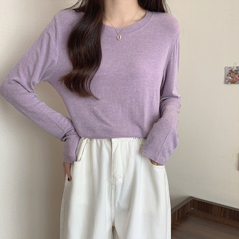 软糯亲肤弹力圆领长袖T恤女内搭2025季秋宽松洋气简约上衣打底衫|undefined