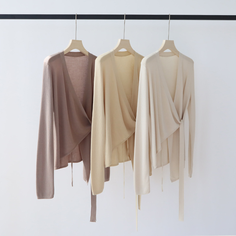 Lyocell Tencel Design Niche Strappy Spring and Summer Knitted Cardigan Thin Long-Sleeved Spring Outwear Blouse Top