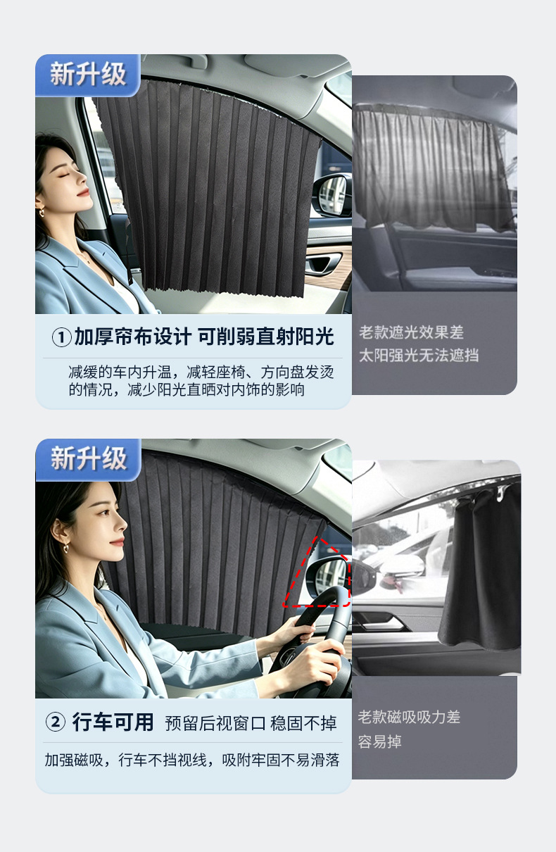 Embedded track sunshade for cars, pleated car curtains for summer interior sun protection and privacy in the rear seats