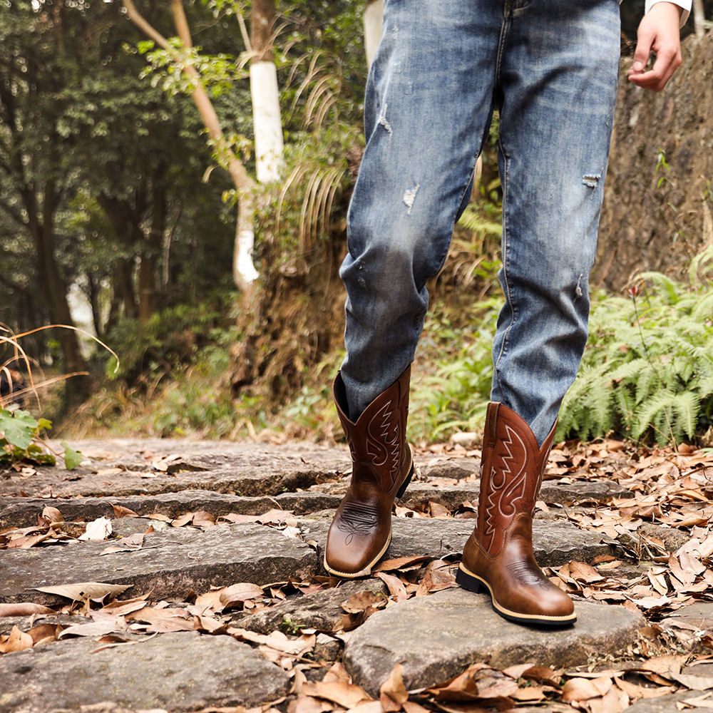 Cizme de cowboy western înalte, brodate, vintage, cu cap lat, pentru bărbați_voghion.com