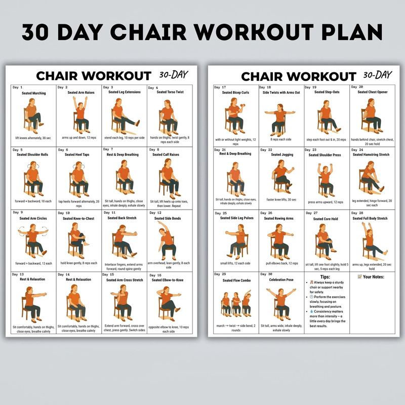 30-Day Chair Fitness Plan Guide for Sitting Exercises Suitable for Seniors and Beginners, 2-Piece Poster Set 30-Day Chair Fitness Plan Guide for Sitting Exercises Suitable for Seniors and Beginners, 2-Piece Poster Set