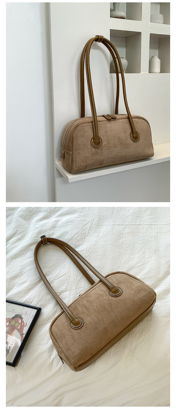 Autumn suede stick with simple leather splicing design, underarm bag, women's plush fashionable versatile shoulder bag_voghion.com