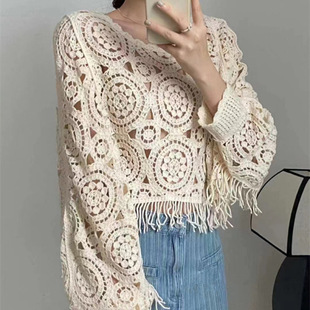 Autumn Korean Style Cut Out Crochet Tassel Top with Asymmetrical Design Niche Knitwear Long-Sleeved Bat-Sleeve Blouse