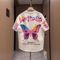 2025夏の新型男性半袖刺繍発泡プリント彩色蝶カジュアル半袖tシャツファッション