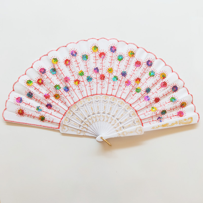 Mayorista barra negra de color sequinilla estampado ventilador plegable accesorios de baile ventilador de baile Wing Chun puede agregar impresión de tela de silk