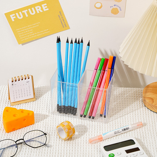 Transparent Pen Holder Plastic Acrylic Square Stationery Storage Holder Pen Supplies Wholesale Student Cultural Business Creativity