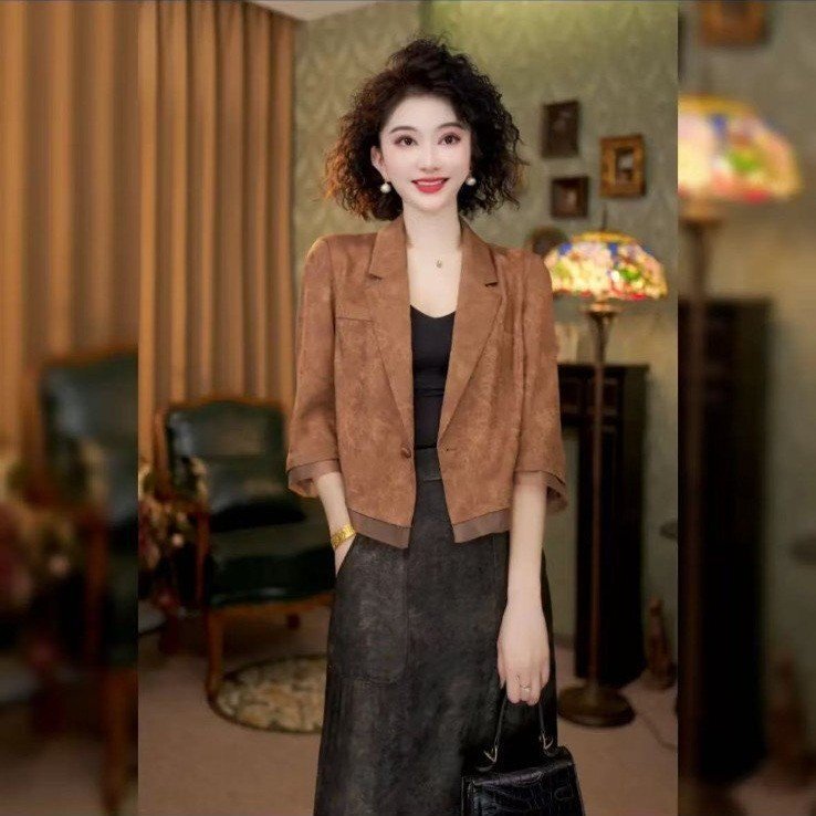 Black Casual Three-Quarter Sleeve Blazer, Thin Short-Sleeved Spring and Autumn High-End Elegant Suit, Formal Professional Top