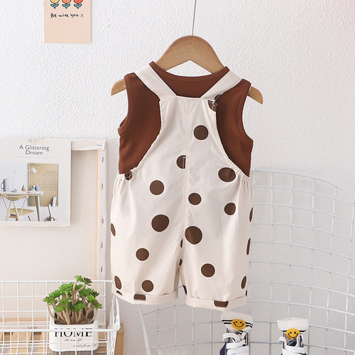 夏季新款女童时尚圆点印花短袖棉质背带裤两 件套装源头 厂家批发