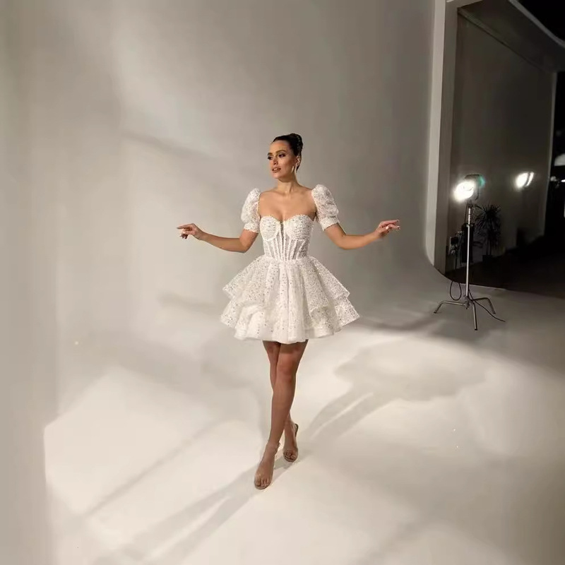 Bride's Short Sequin Lace Evening Dress Birthday Party Super Short Puffy dress off-shoulder Stage Dress Bride's Short Sequin Lace Evening Dress Birthday Party Super Short Puffy dress off-shoulder Stage Dress
