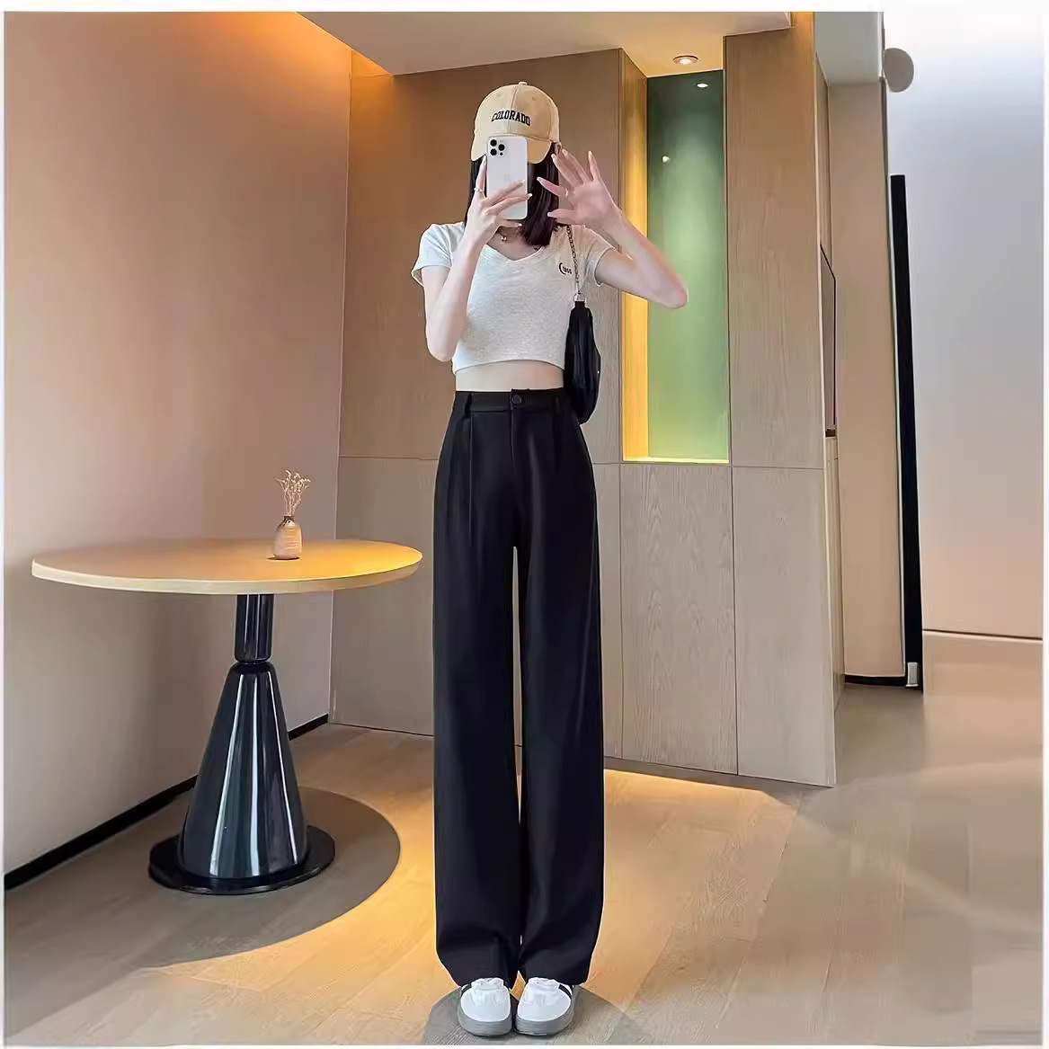 Pantalones de traje negro de verano para mujeres, pantalones casuales de piernas anchas y estrechas.