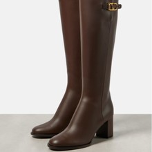外贸新款高筒靴女粗高跟侧拉链百搭骑士靴小个子黑色牛皮长筒靴冬