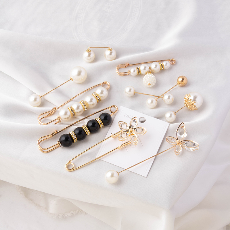 Cross-border European and American Pearl anti-light brooch button shirt collar pin skirt one-word pin Pearl waist artifact
