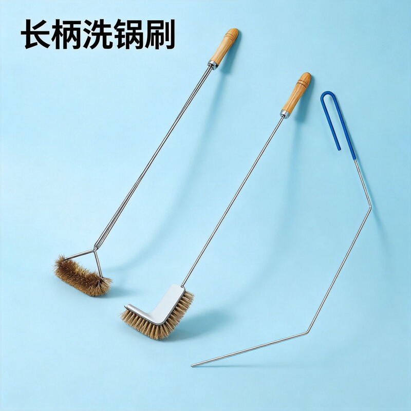 Cross-Border Long-Handled L-Shaped Frying Pan Cleaning Brush, Manual Barbecue Grill Net Clip, Double-Headed Copper Wire Brush for Stubborn Grease Cleaning