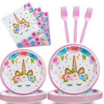 Juego de fiesta de unicornio Vajilla de fiesta de cumpleaños para niños Bandeja de papel desechable, taza de papel, mantel de toalla de papel