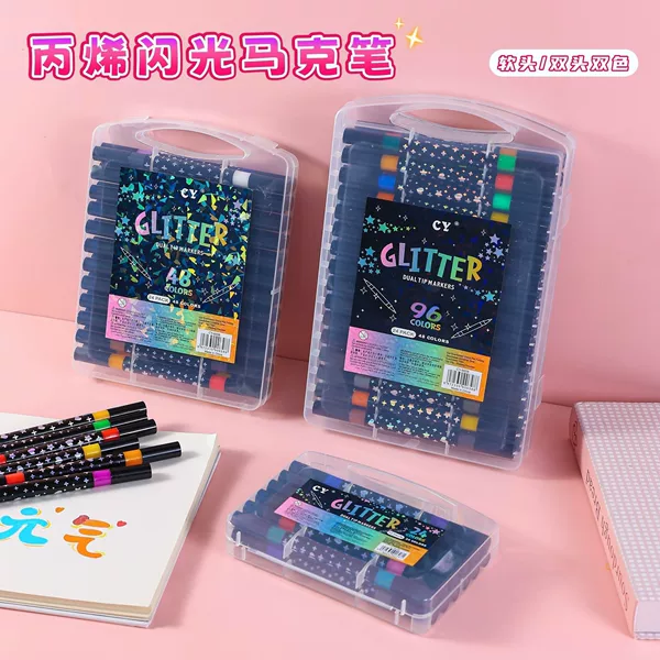 Double-Ended Glitter Marker Pen Two-Color Cross-Border Soft-Tip Color Pen Painting Pen Stationery Acrylic Marker Pen Set Wholesale