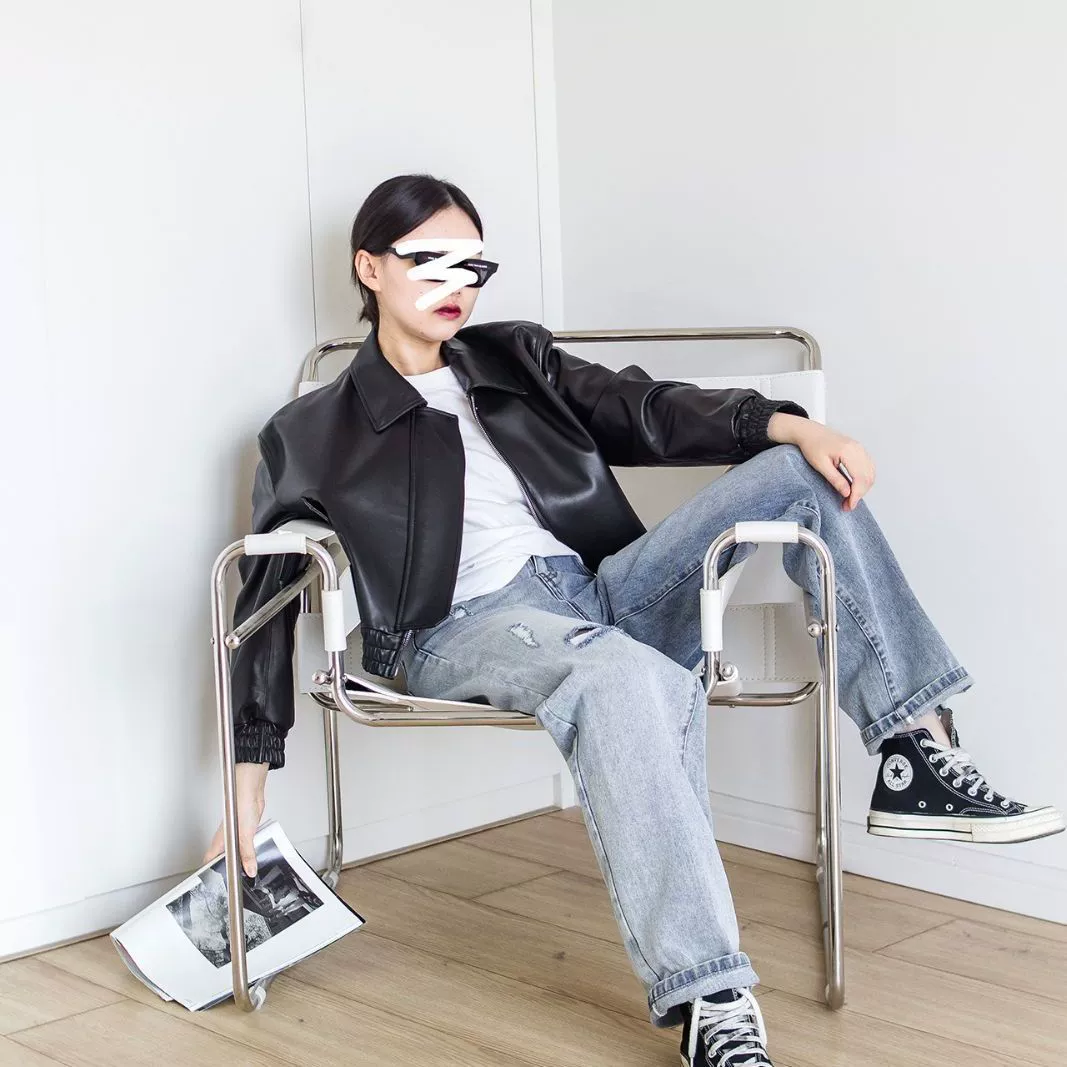 Пиджак короткий, натуральная кожа, oversize