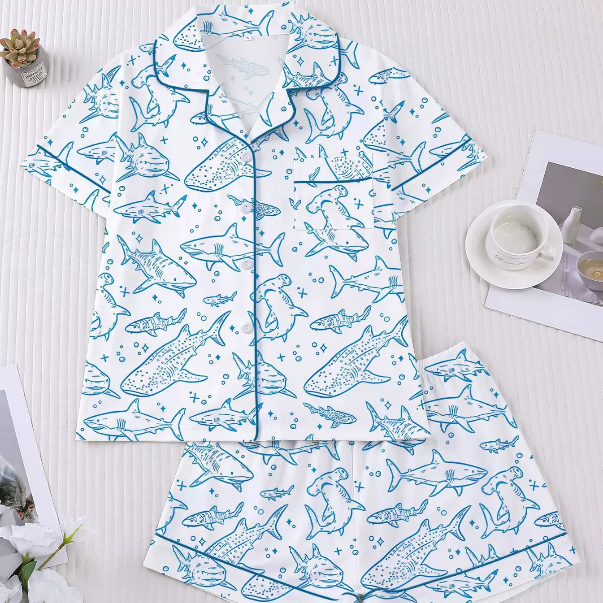 跨境外贸新款女士睡衣印花翻领短袖短裤欧美家居服women pajama