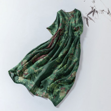 2023夏季新品复古文艺斜襟系带棉麻印花V领中长款短袖大摆连衣裙