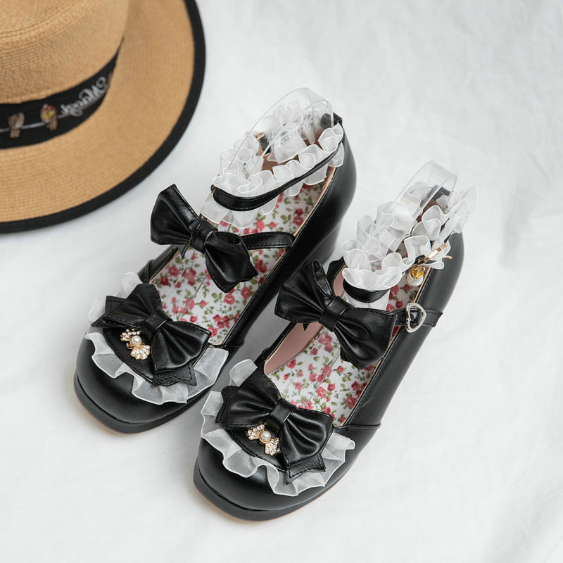 Lolita Women's Shoes with Bowknot Shallow Mouth Japanese Lolita Shoes Cute Girl Round Toe Mid-Heel Lolita Flats