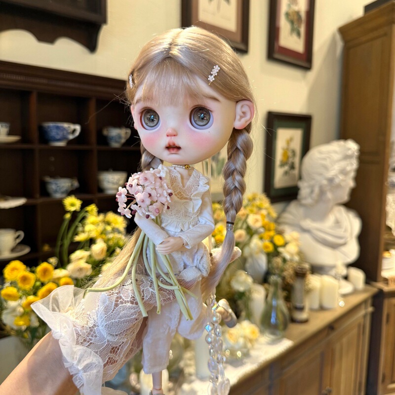 Cute Little Sister Bubu Doll Wig with Bangs, Linen Gray Long Straight Hair, High-Temperature Fiber, Customizable Hair Base