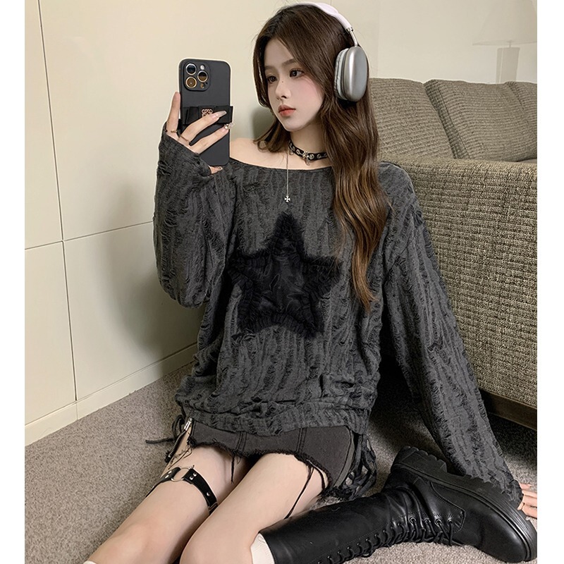 2026 New Spring and Autumn Long-Sleeve T-Shirt for Women, Korean Style, Trendy Ripped Off-Shoulder Loose Hollow-Out Drawstring Top