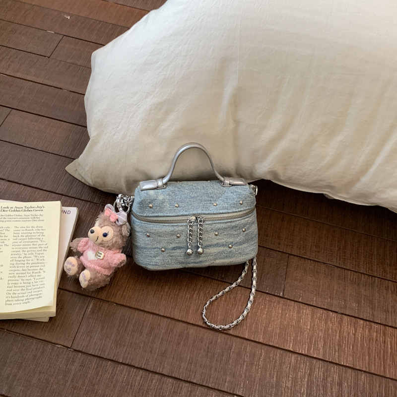 Jeans diamantes remaches mini bolso retrógrado estilo extranjero bolso de transporte diario personalidad de moda bolsa de viaje universal