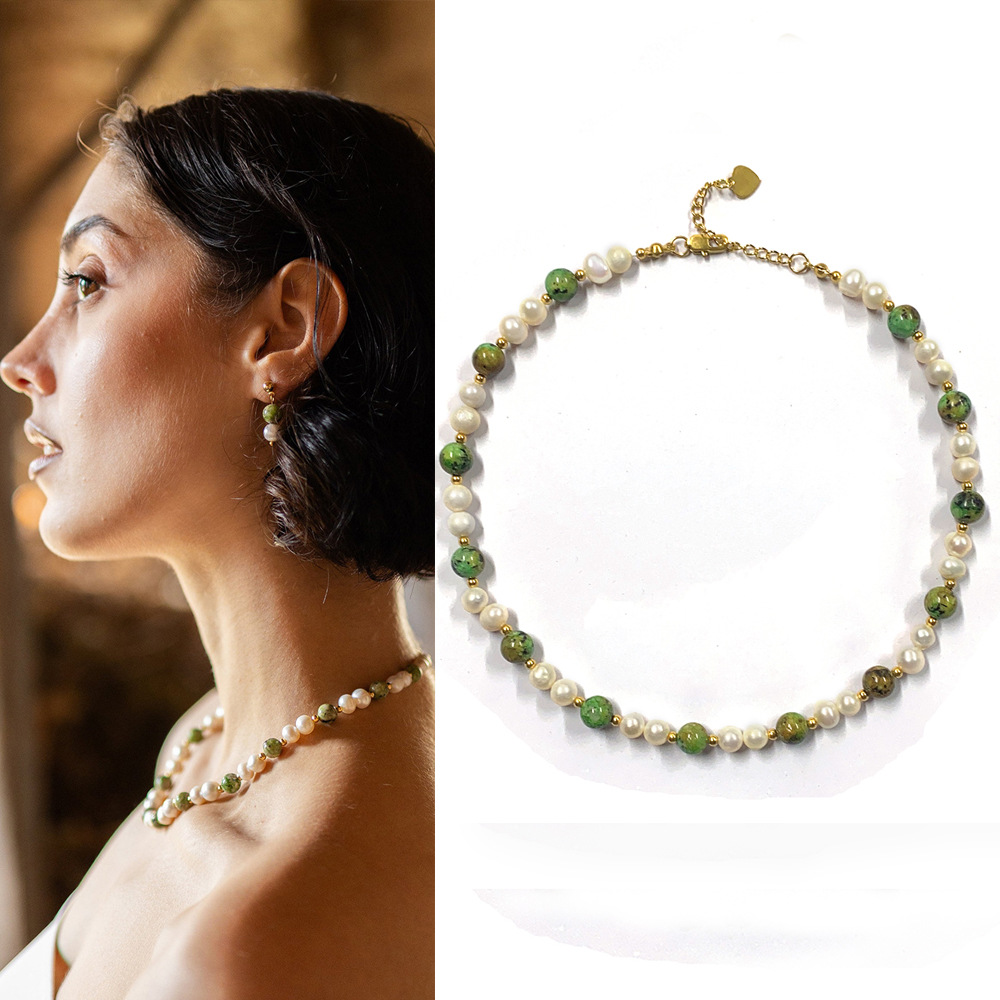12g Weight 18K Gold Plated Plating Material Earrings, Necklace Classification 2 PCS/Package Quantity Holiday, Daily Occasion natural stone, Freshwater Pearl, Titanium Steel Material Round Pattern Women's Gender Beaded Design Elegant, Simple Style Style Elegant Simple Style Round Natural Stone Freshwater Pearl Titanium Steel Beaded 18K Gold Plated Women's Earrings Necklace 1