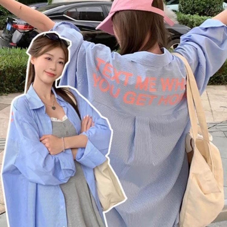 跨境美式韩系蓝色条纹衬衫女款春秋设计感宽松慵懒风长袖防晒上衣|undefined