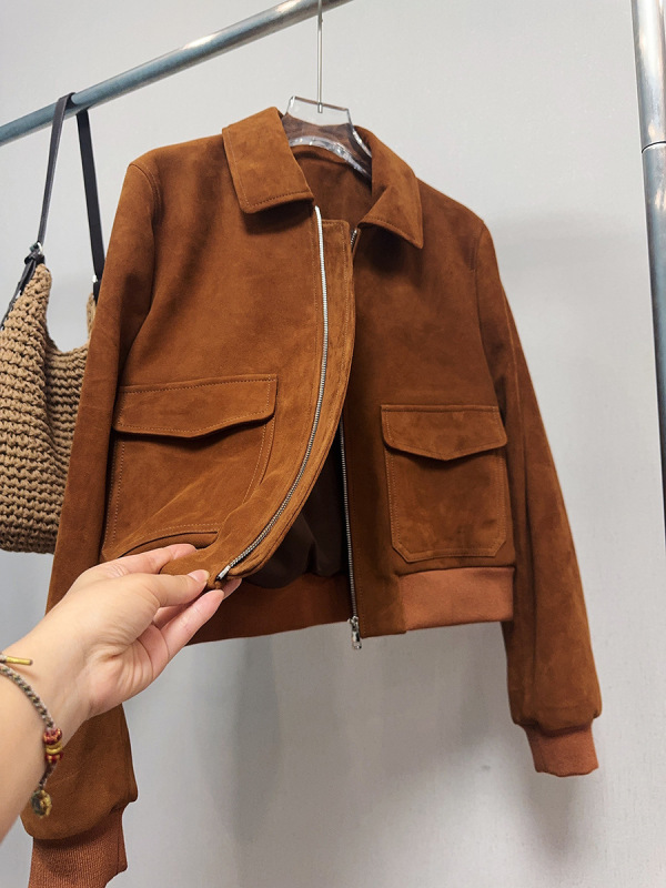 山羊皮反绒皮衣女2025秋新款高品质真皮绒面皮夹克休闲外套小个子|undefined