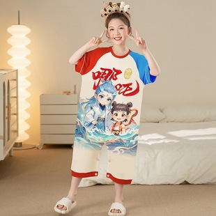 Pure Cotton Kidsren's One-Piece Pajamas for Girls Summer Cotton Short-Sleeved Thin Nezha Little Girl One-Piece Home Clothes 2025