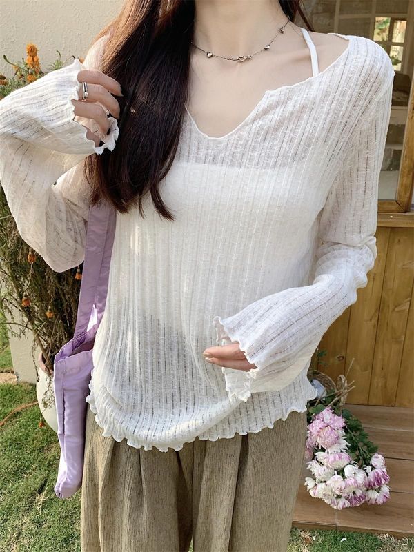 女性用リラックス微透け日焼け止めブラウス2025夏軽量長袖Tシャツ耳付きルーズボトムトップ|undefined