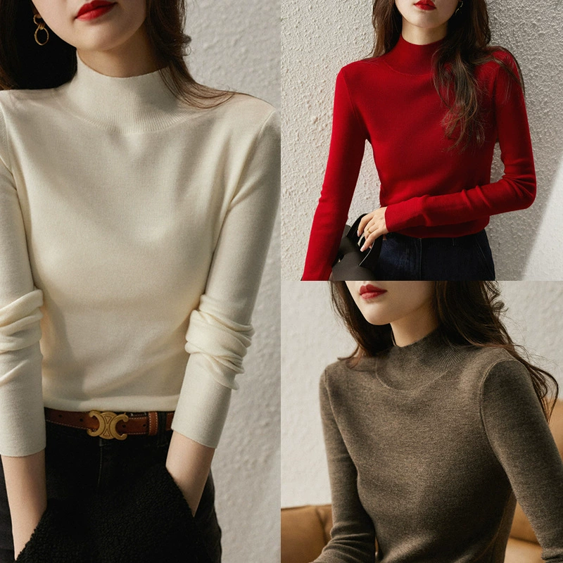 Однотонный Универсальный свитер, Базовая рубашка с высоким воротом, женский осенне-зимний интерьер, приталенный облегающий Вязаный топ в западном стиле на 2023 год
