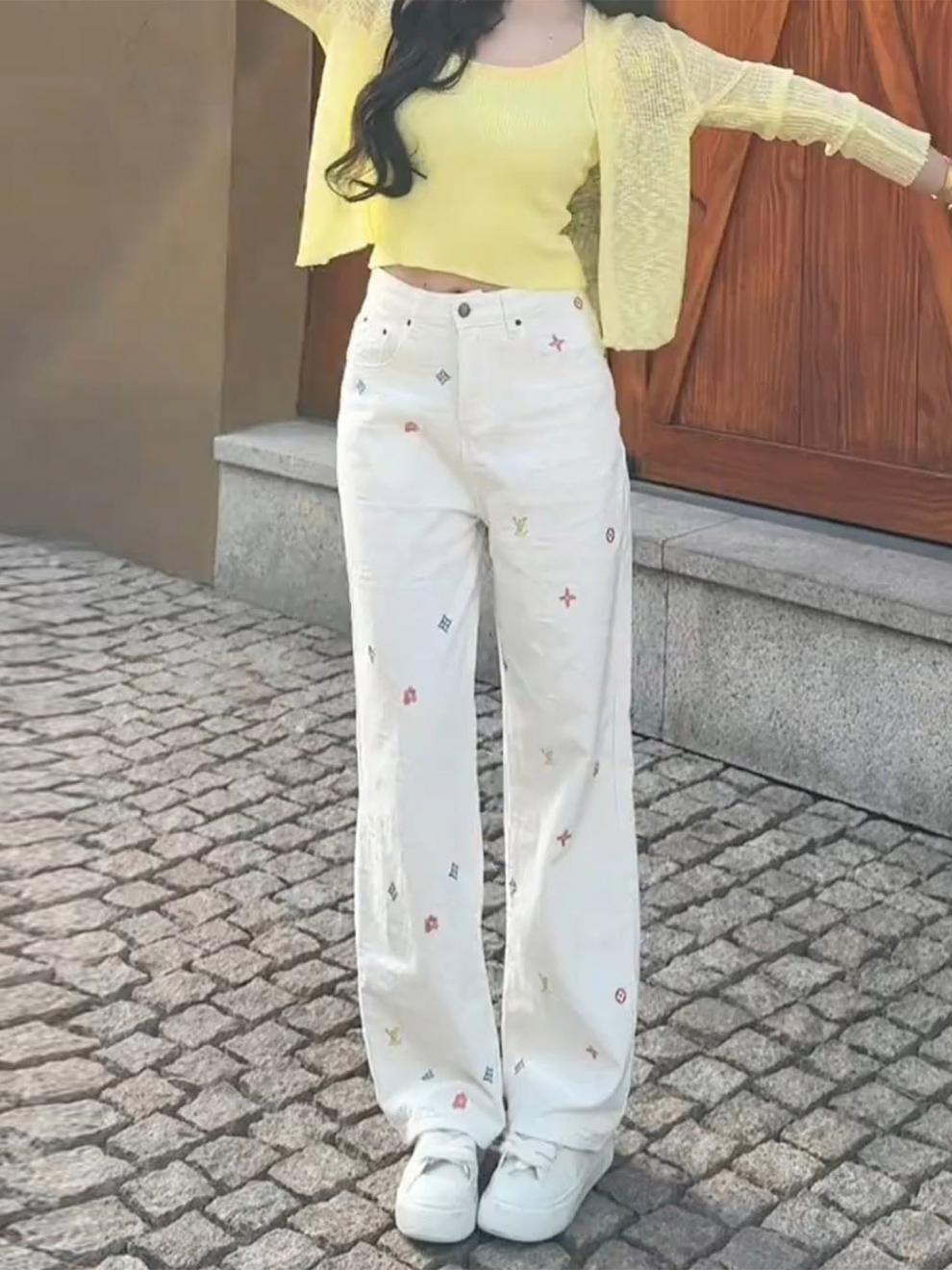 White Xiaoxiangfeng Embroidered Fashionable Foreign Jeans Women's Spring 2026 New Straight Narrow Wide-leg Pants_ecoleips.com