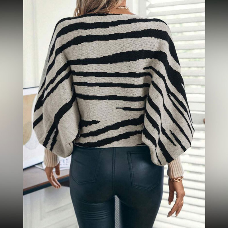 Women's Clothing Autumn And Winter Sweater Loose Knitted Zebra Print Batwing Sleeve Off-Shoulder Sweater Women's Loose Knit Top For Autumn Winter_voghion.com