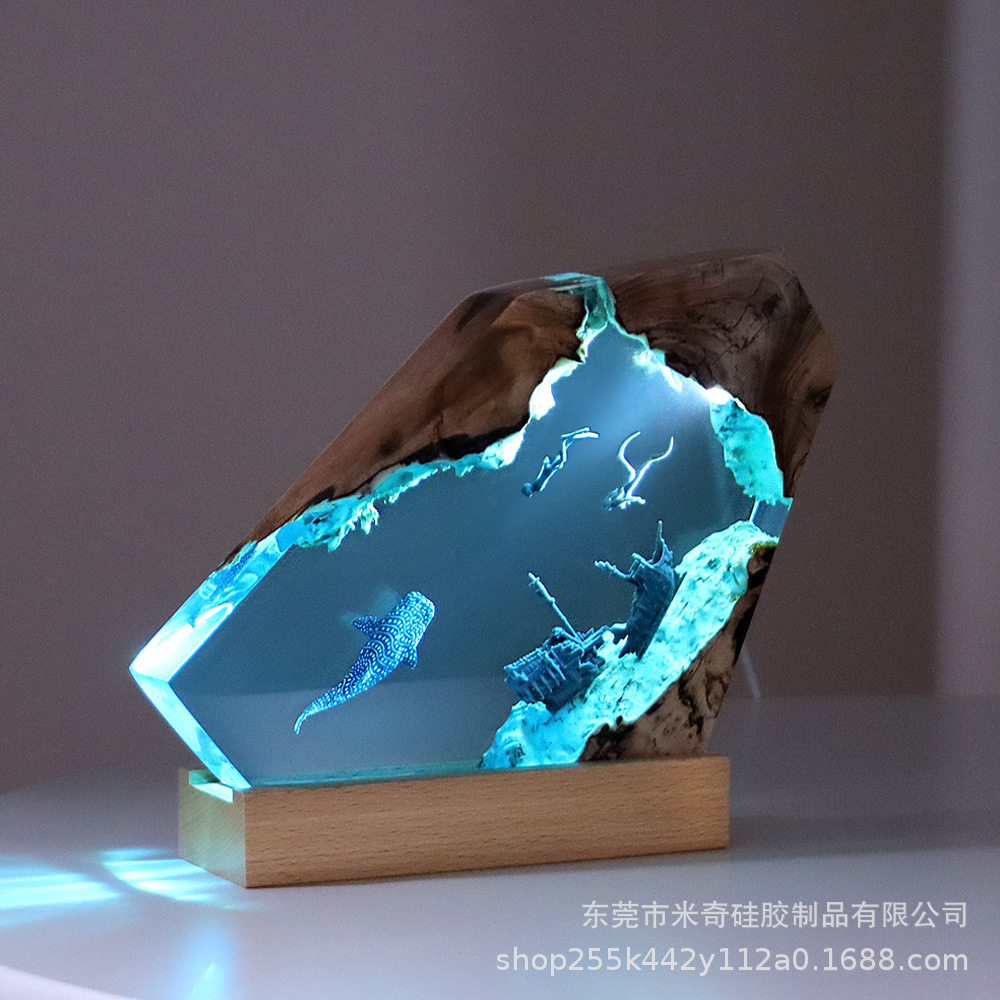 家庭装飾品寝室オフィスデスクトップ沈船サメクジラ海洋芸術置物プレゼント実木樹脂ナイトライト