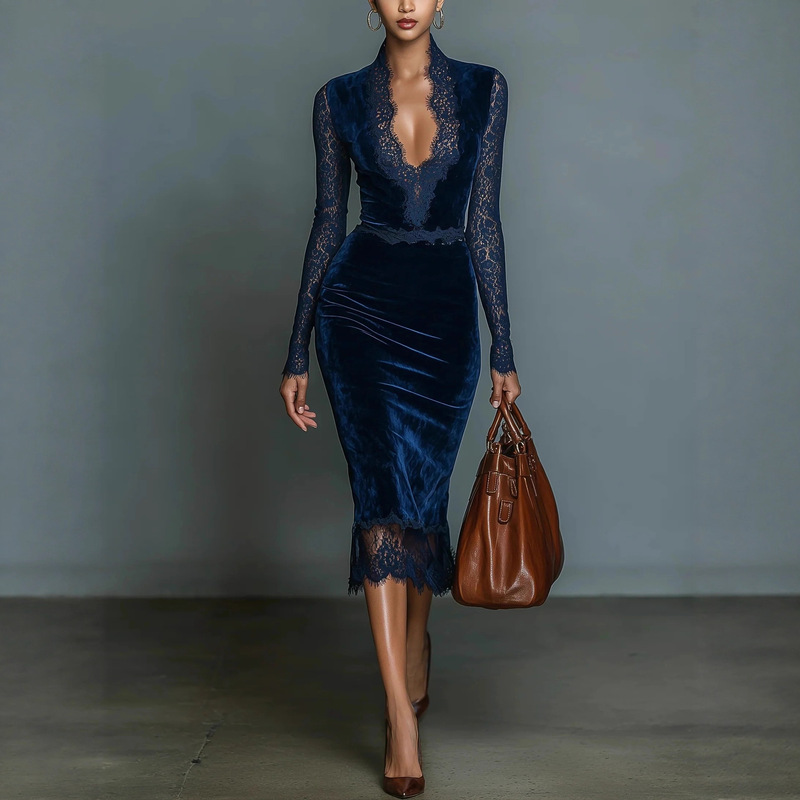 Elegant Mature Style Outfit: Retro Lace Velvet Long-Sleeve Dress with Lace Patchwork, Waist-Cinching Bodycon Dress, Fall 2025