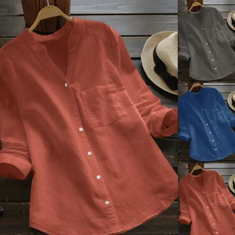 2019热卖 女装上衣亚马逊新款棉麻纯色长袖大码休闲宽松衬衫
